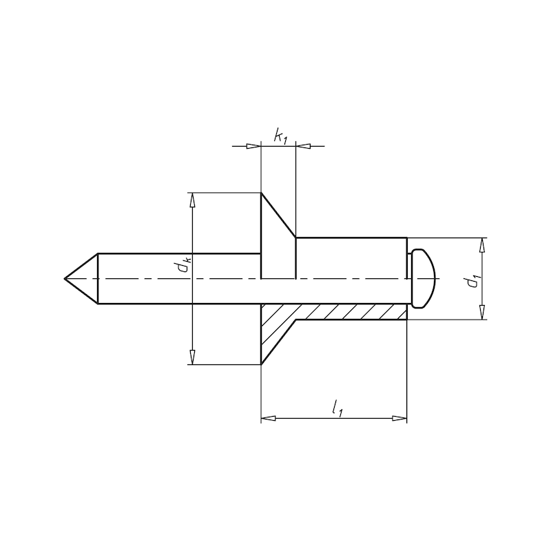 Blindniet offen mit Sollbruchdorn und Senkkopf, Alu/Stahl, 4,8x6mm